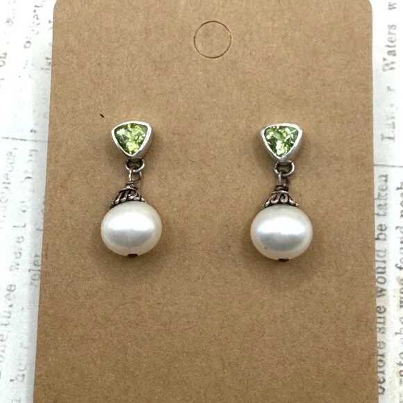 Sterling Silver Green Peridot White Pearl Drop Earrings 925 Pierced Posts - Picture 9 of 9